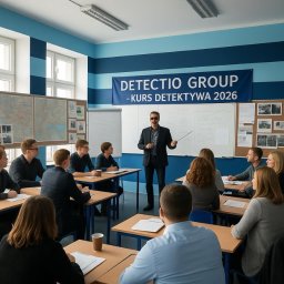 DETECTIO GROUP POZYSKIWANIE I OCHRONA INFORMACJI - Sala wykładowa z uczestnikami kursu detektywistycznego 'Detectio Group - Kurs Detektywa 2026'. Prowadzący w ciemnych okularach prezentuje materiał.