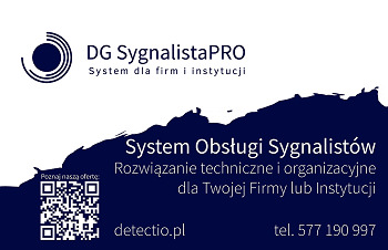 Wizytówka firmy DG SygnalistaPRO z Torunia, oferującej system obsługi sygnalistów dla firm i instytucji, z adresem strony internetowej detectio.pl i numerem telefonu. Na wizytówce umieszczony jest...
