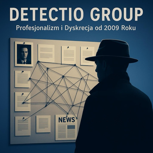 Sylwetka mężczyzny w kapeluszu, stojącego przed tablicą z dokumentami połączonymi sznurkami. Napis: Detectio Group. Profesjonalizm i Dyskrecja od 2009 Roku.