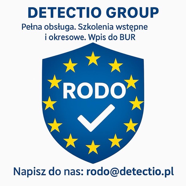 Logo Detectio Group z motywem RODO: niebieska tarcza z gwiazdami, napis RODO i biały symbol akceptacji. Pełna obsługa, szkolenia, wpis do BUR. Kontakt: rodo@detectio.pl.