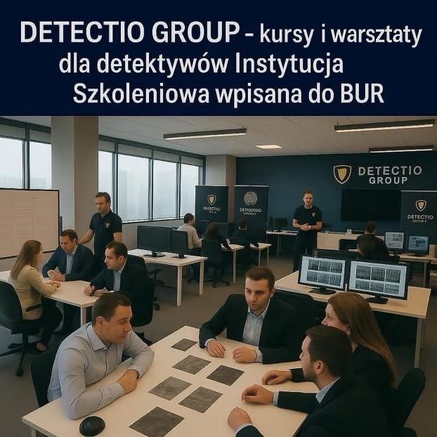 Sala szkoleniowa Detectio Group: kursanci przy stołach, instruktor prowadzi zajęcia. Monitory z danymi, logo firmy na ścianie. Nowoczesne wnętrze, biznesowy charakter.