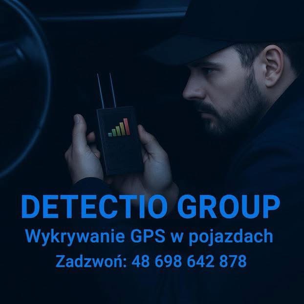 Mężczyzna w aucie trzyma urządzenie do wykrywania GPS. Na ekranie urządzenia widoczny wykres słupkowy. Wykrywanie GPS w pojazdach. Detectio Group.
