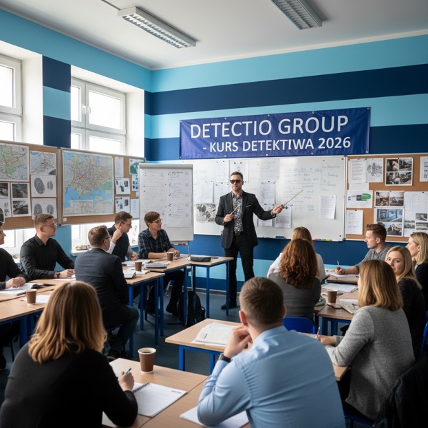 Sala szkoleniowa z grupą osób uczestniczących w kursie detektywistycznym prowadzonym przez mężczyznę w okularach, wskazującego na tablicę z notatkami.