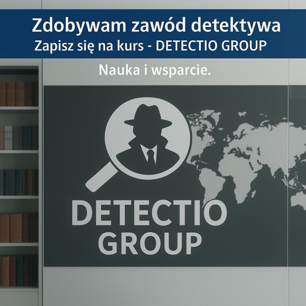 Grafika z sylwetką detektywa w lupie na tle mapy świata, logo Detectio Group i hasłem 'Zdobywam zawód detektywa. Zapisz się na kurs'.