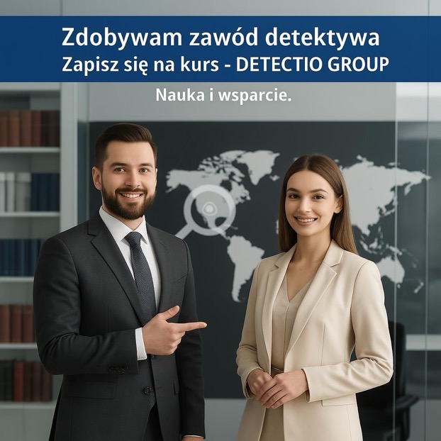 Profesjonalny kurs: mężczyzna w garniturze wskazuje na mapę świata z lupą, obok uśmiechnięta kobieta w beżowym żakiecie. Nauka i wsparcie w zawodzie.