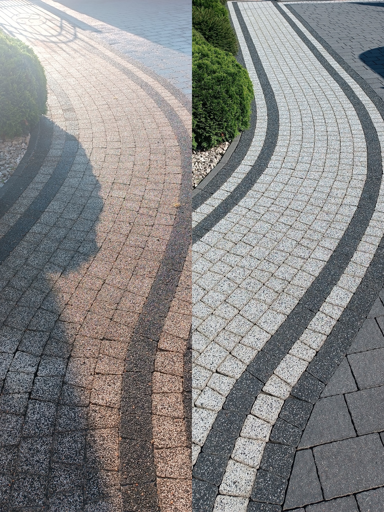 Kontrastowe ujęcie kostki brukowej przed i po czyszczeniu, z widoczną różnicą w kolorze i usuniętym brudem, podkreślone przez krzewy po bokach ścieżki.