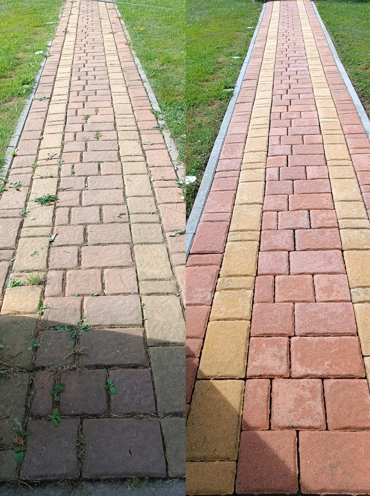 Porównanie stanu kostki brukowej przed i po czyszczeniu: po lewej stronie zarośnięta i zabrudzona, po prawej odświeżona, z widoczną różnicą w kolorze i brakiem chwastów.