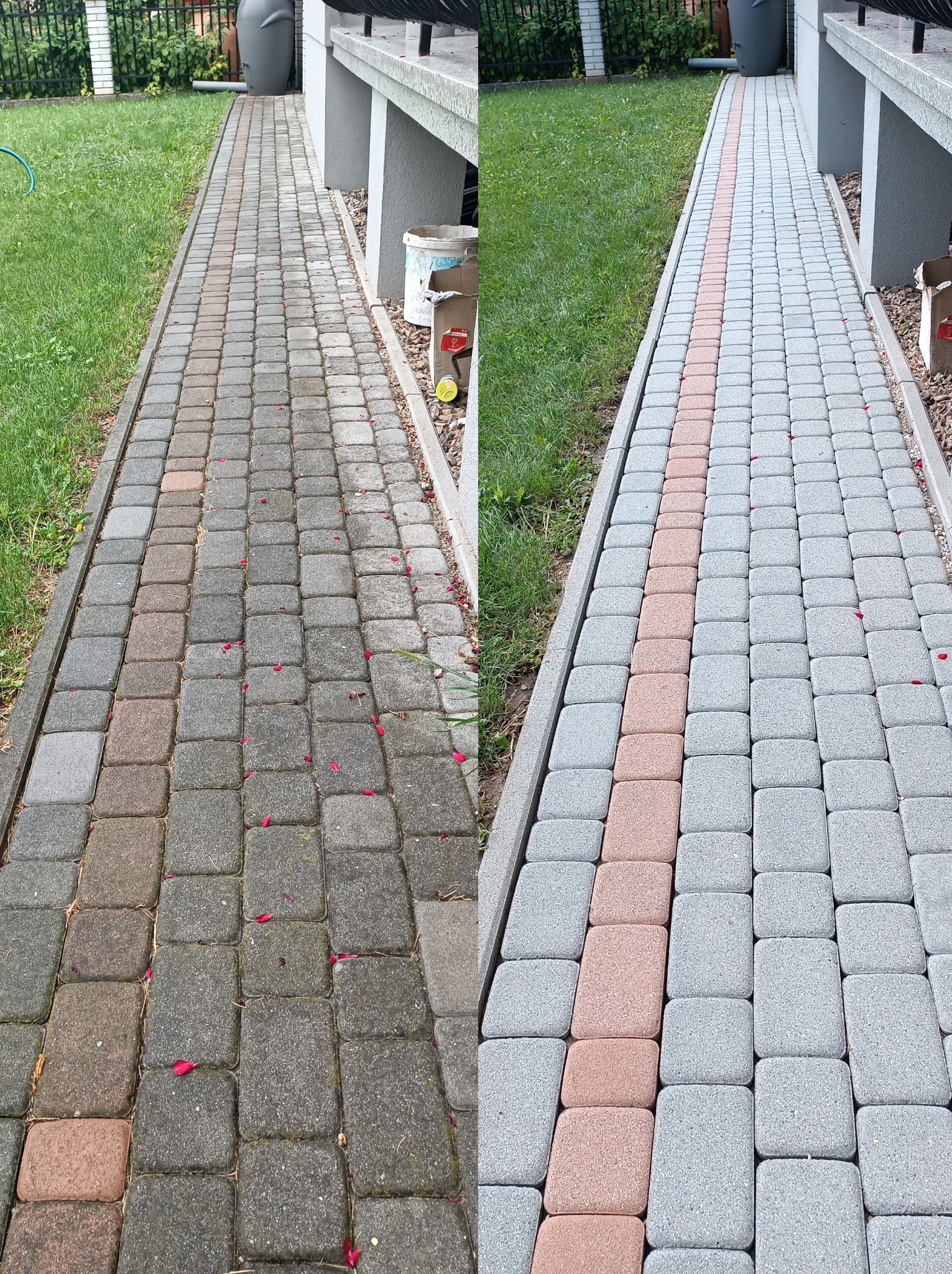 Porównanie stanu kostki brukowej przed i po umyciu: po lewej stronie brudna, po prawej czysta, z zachowanymi różowymi akcentami.