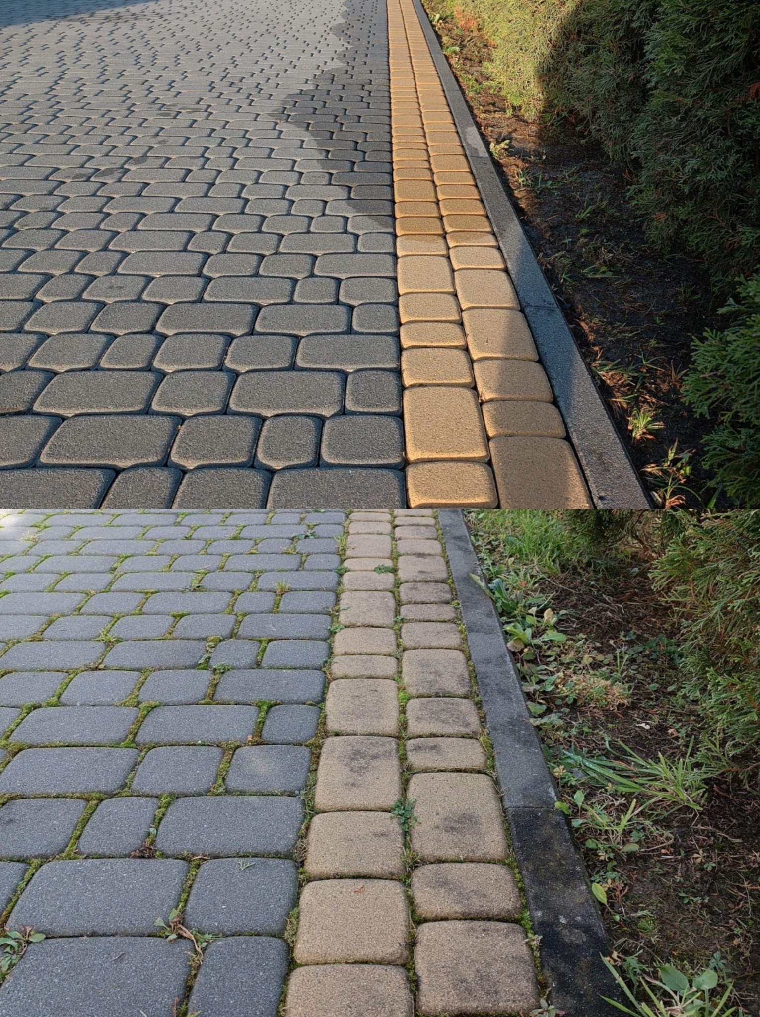 Ułożona kostka brukowa w dwóch odcieniach szarości, z żółtą obwódką, widoczne chwasty między kostkami.