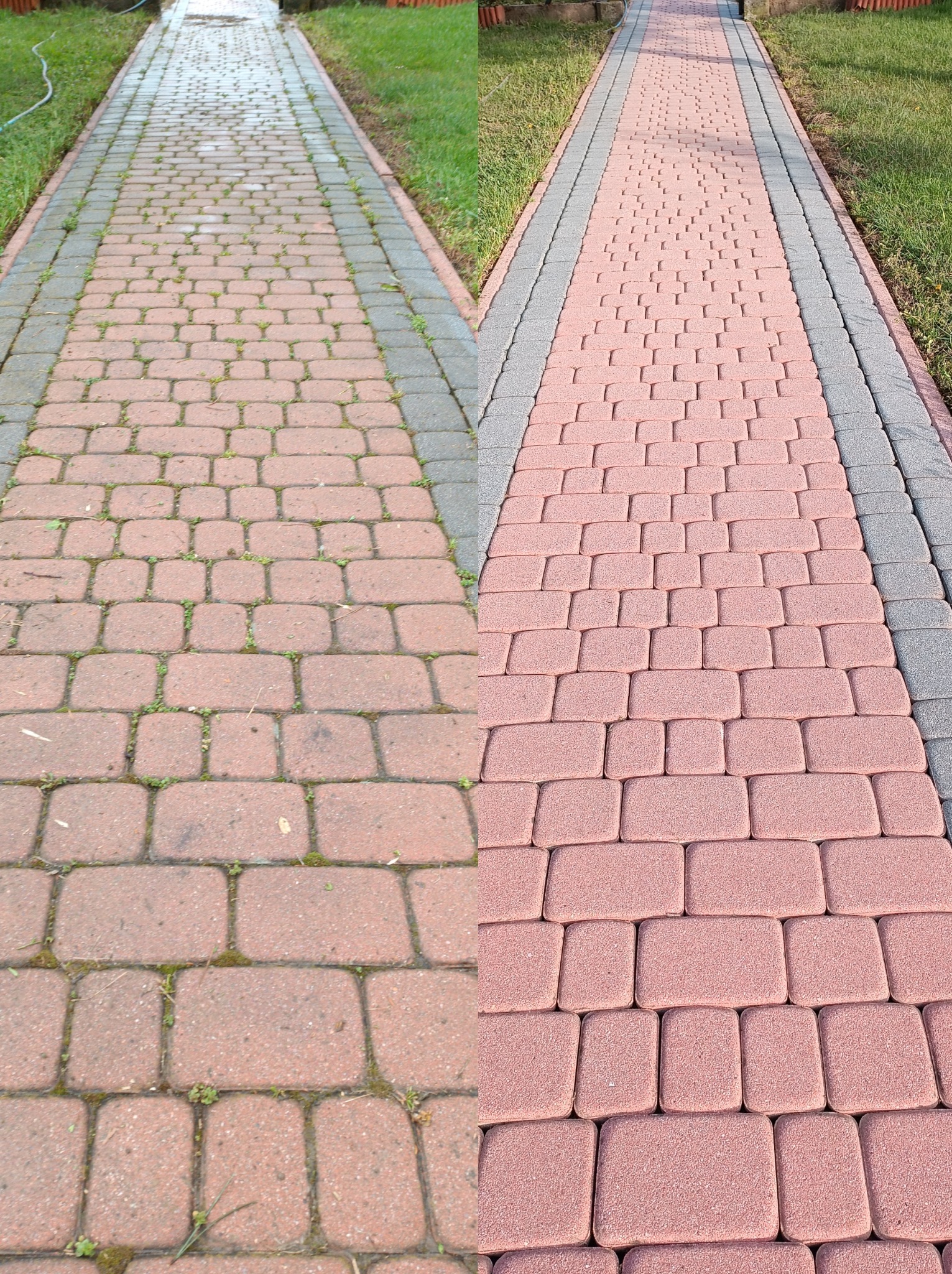 Porównanie stanu kostki brukowej przed i po czyszczeniu: po lewej stronie zabrudzona, z mchem w spoinach, po prawej stronie czysta, różowa kostka.