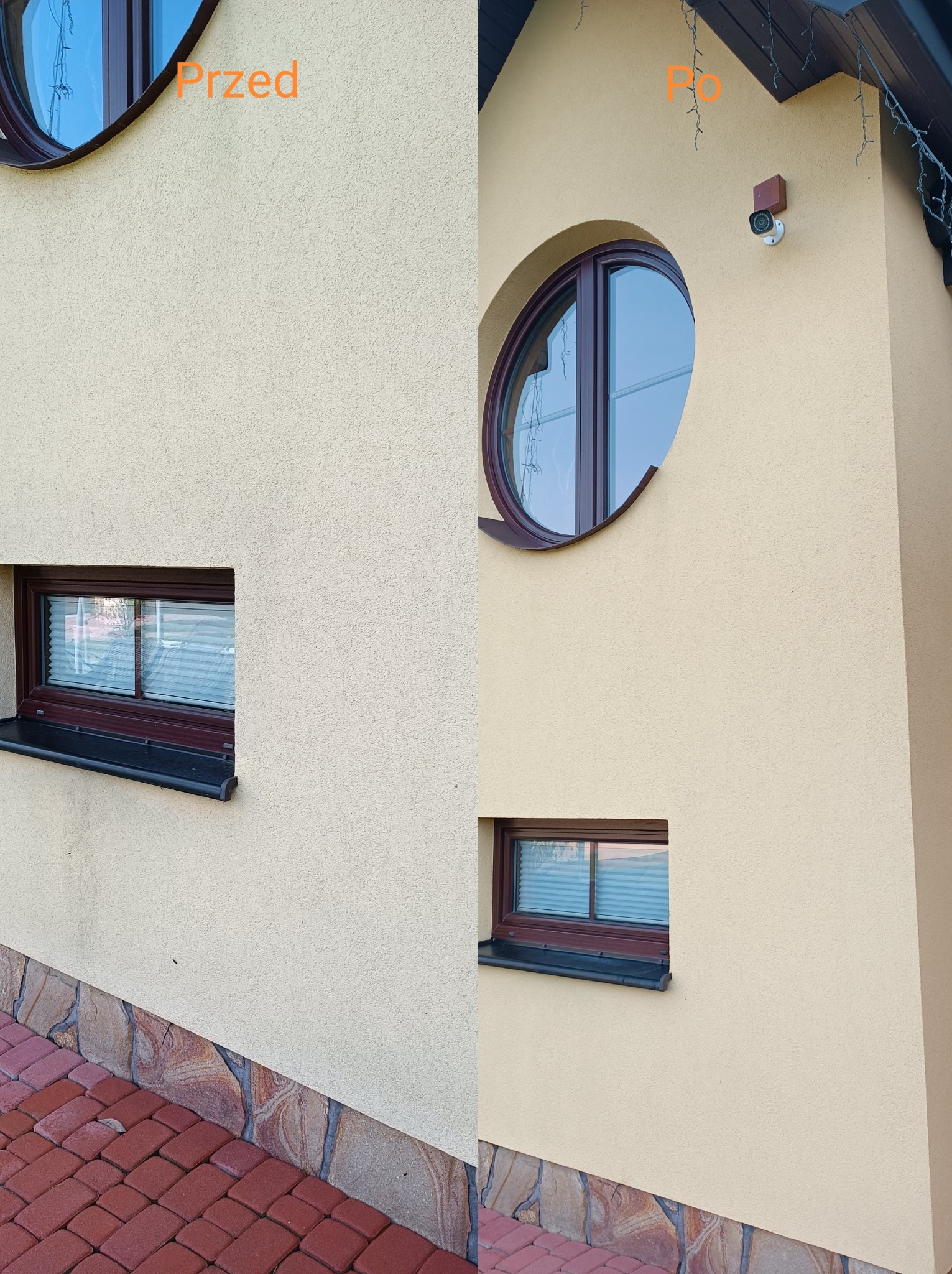 Elewacja budynku przed i po czyszczeniu, widoczne różnice w kolorze i czystości tynku, okrągłe okno, kamera monitoringu.
