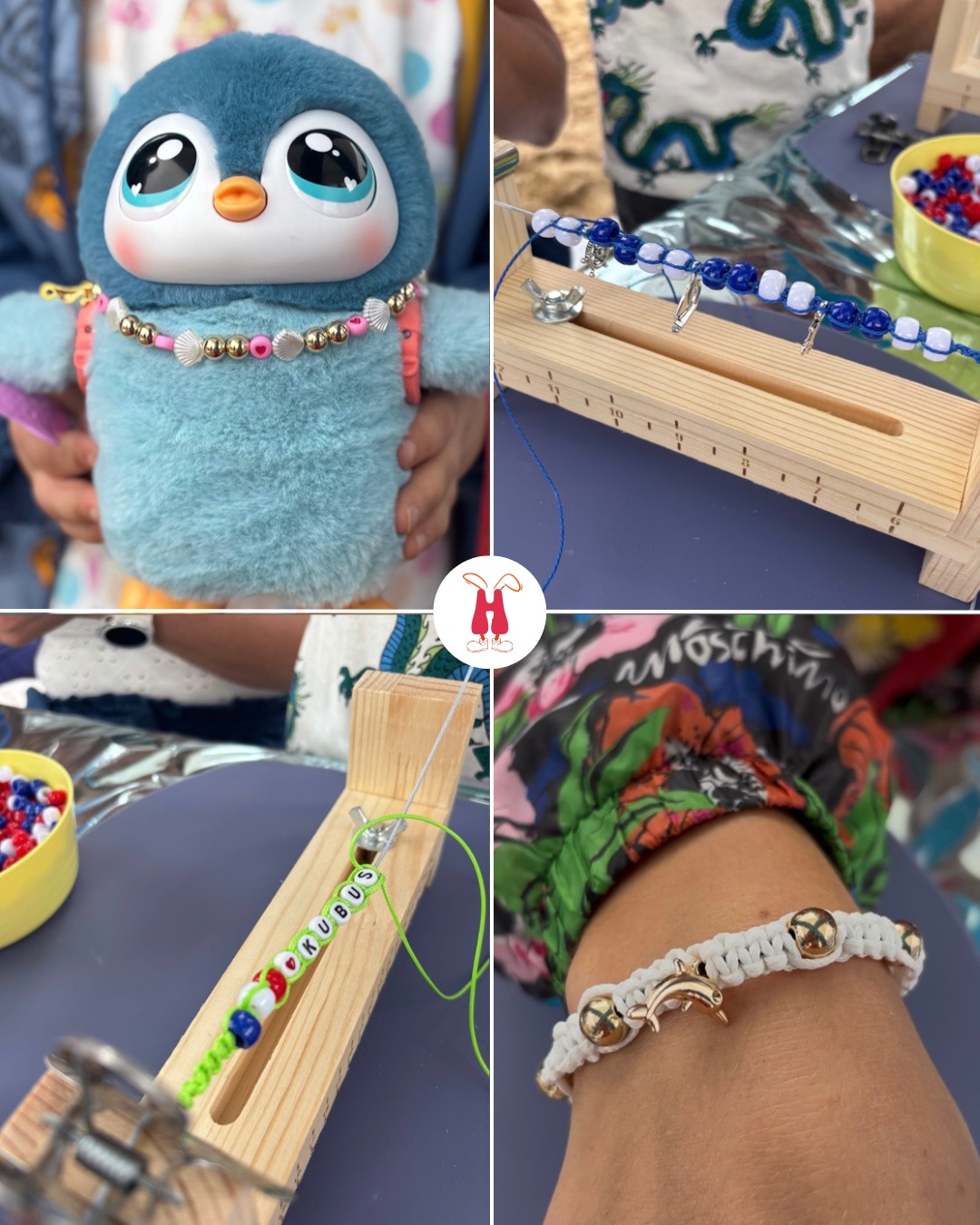 Warsztaty z tworzenia biżuterii dla dzieci: bransoletki z koralików na drewnianym krosienku, gotowa bransoletka na ręce, pluszowy pingwin z naszyjnikiem.