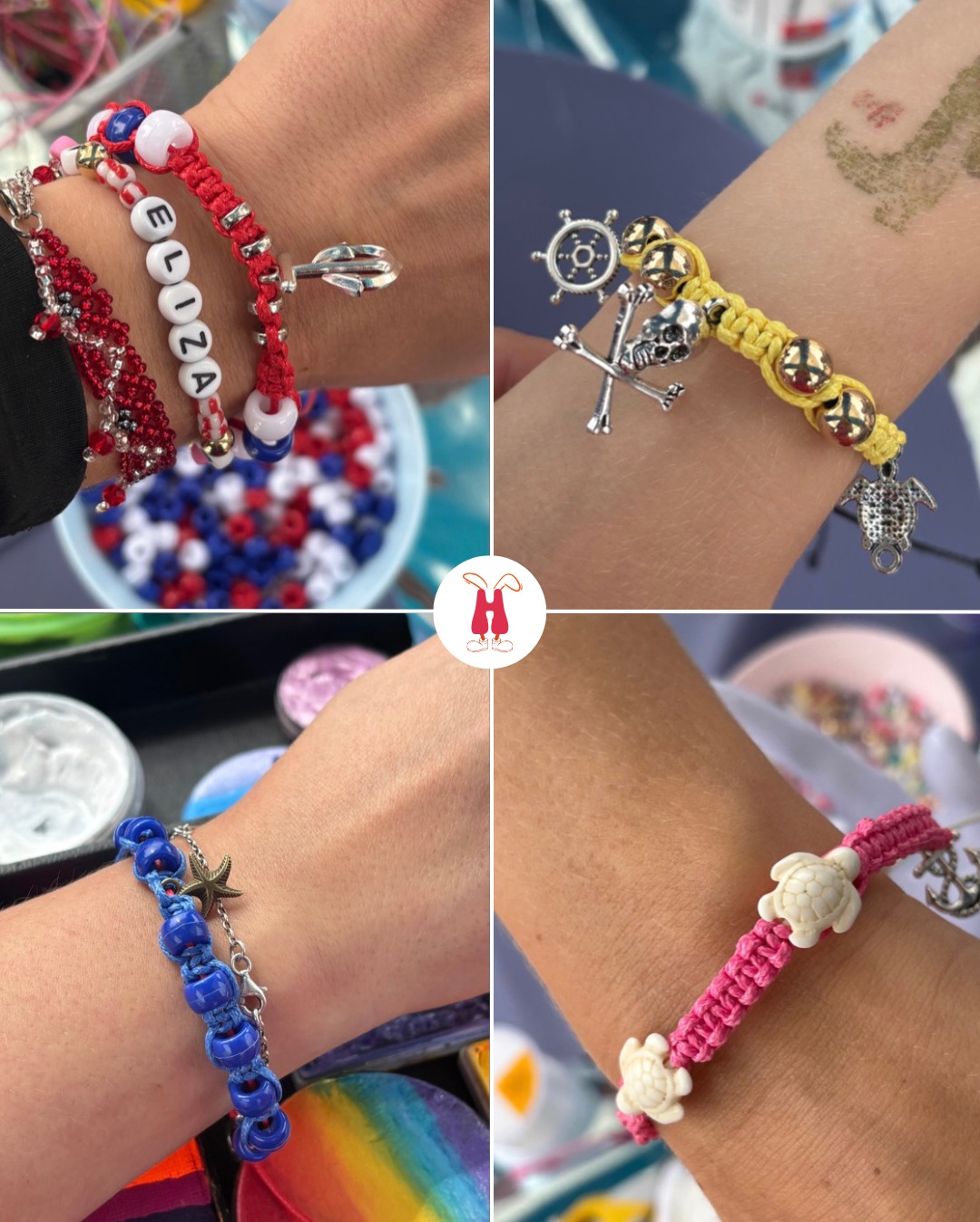 Zbliżenie na cztery nadgarstki z różnorodnymi, ręcznie robionymi bransoletkami z koralików i zawieszek, prezentowanymi na tle materiałów do tworzenia biżuterii.