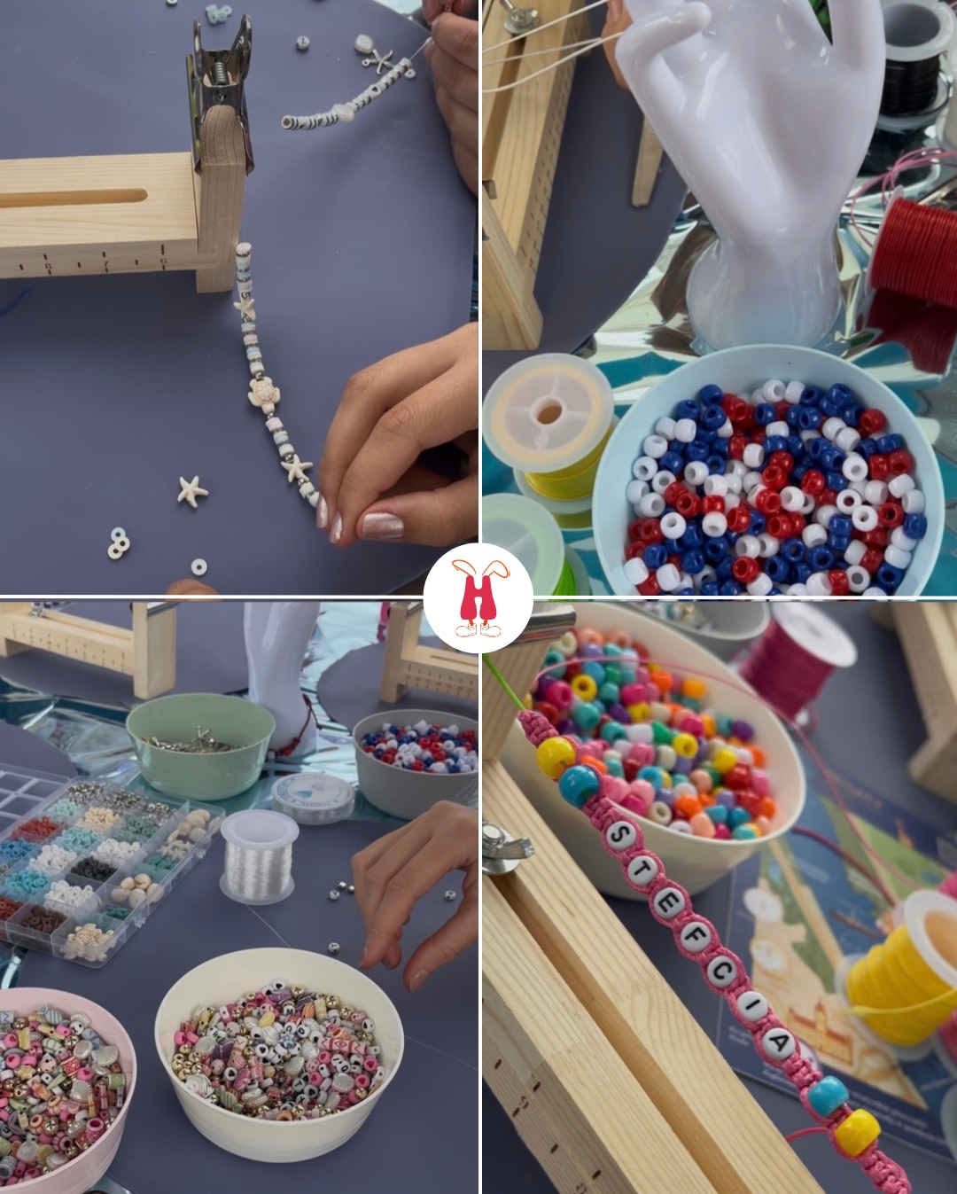 Ręcznie robiona biżuteria z koralików na drewnianym krośnie, z miseczkami pełnymi kolorowych koralików i liter, tworząca unikatowy naszyjnik z imieniem.