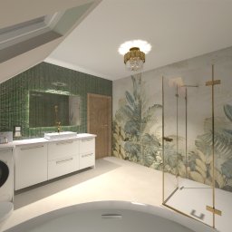 SanyRum - Wizualizacja łazienki na poddaszu z zieloną mozaiką, motywem tropikalnych liści na ścianie przy prysznicu, białą zabudową umywalki z pralką i okrągłą wanną.