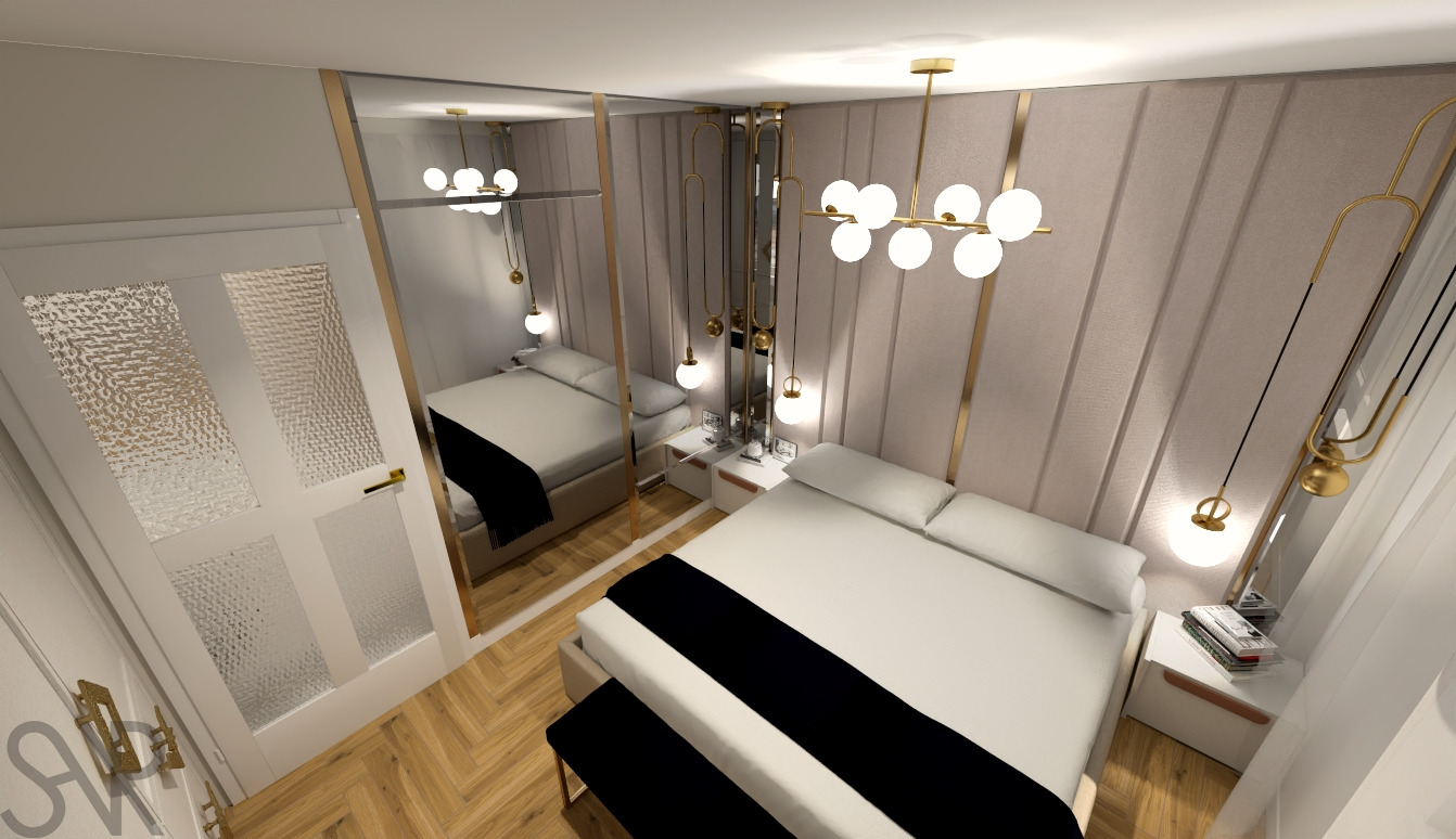 Wizualizacja sypialni w stylu glamour z łóżkiem z czarną narzutą, lustrem powiększającym przestrzeń, dekoracyjnym oświetleniem i drewnianą podłogą.