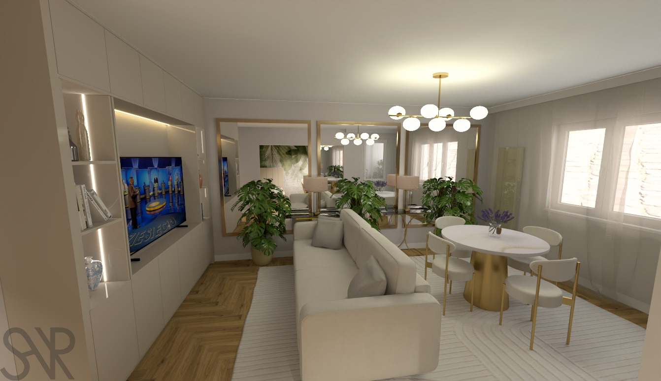 Wizualizacja salonu z aneksem jadalnym w jasnych barwach, z telewizorem w zabudowie meblowej, lustrami i roślinami doniczkowymi.