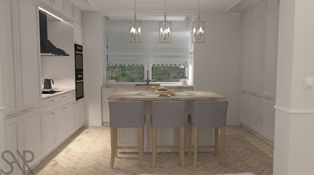 Wizualizacja kuchni w stylu klasycznym z wyspą, trzema hokerami, białymi szafkami z frezowanymi frontami i złotymi uchwytami oraz parkietem ułożonym w jodełkę.