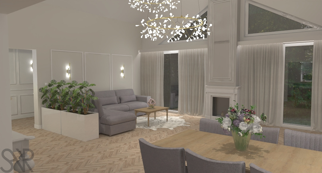 Wizualizacja salonu z wysokim sufitem, oświetlonym dekoracyjnym żyrandolem, szarą sofą narożną, drewnianym stołem jadalnym i kwiatami w wazonie, z widocznymi roślinami w białych donicach.