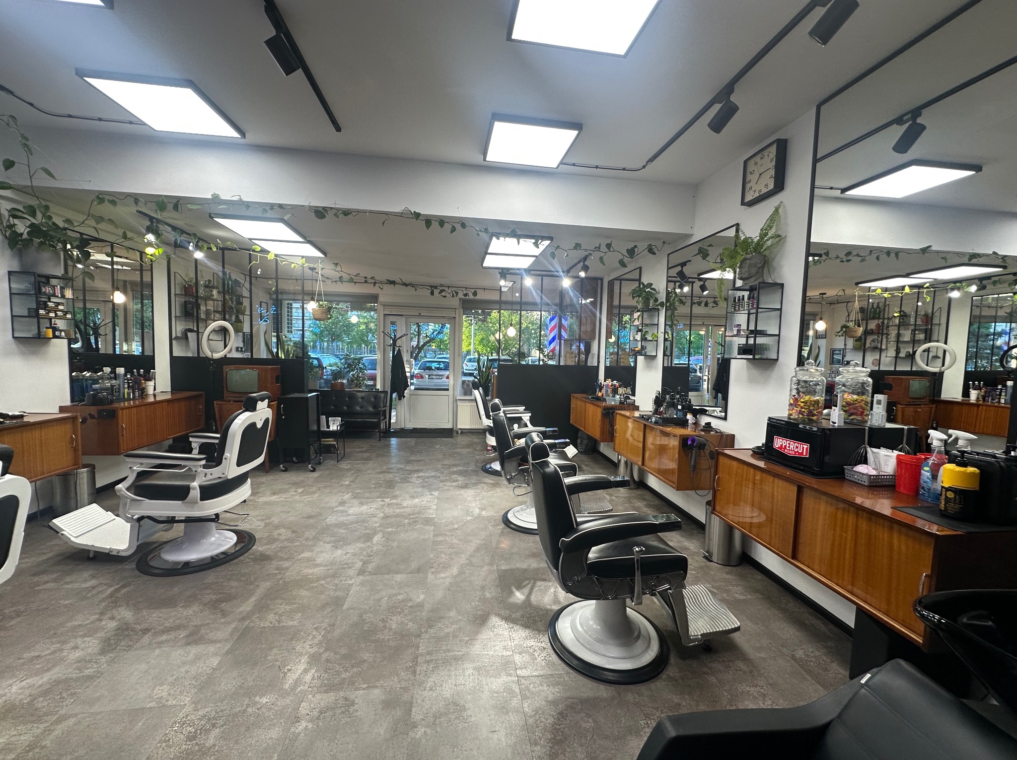 Wnętrze salonu barberskiego: fotele fryzjerskie, lustra z roślinami pnącymi, drewniane szafki. Widok na ulicę przez przeszklone drzwi wejściowe.