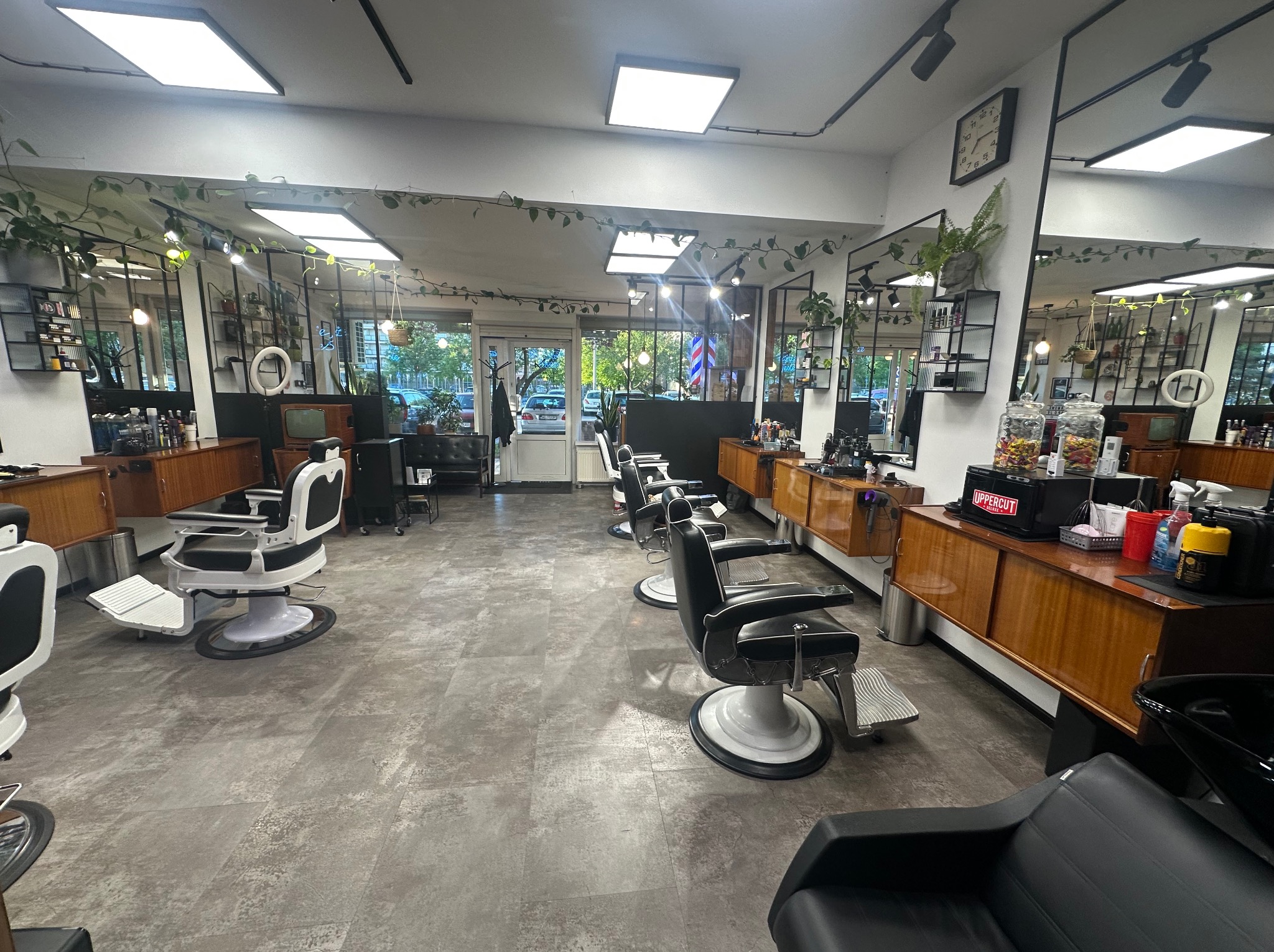 Wnętrze salonu fryzjerskiego z fotelami, lustrami i drewnianymi szafkami. Dekoracje roślinne i oświetlenie sufitowe tworzą przytulną atmosferę retro.