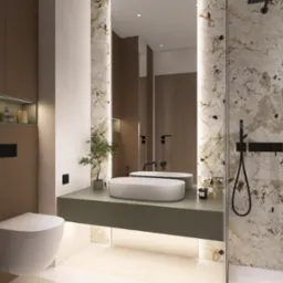 Nowoczesna łazienka z marmurowymi ścianami, owalną umywalką nablatową, podświetlaną szafką i kabiną prysznicową ze szklanymi drzwiami.