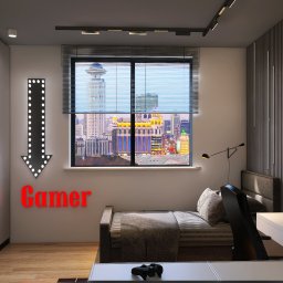 E.HOME Ewelina Szydełko - Pokój gracza z łóżkiem, biurkiem komputerowym i widokiem na miasto przez okno, oświetlony neonami i lampami.