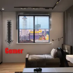 Pokój gracza z łóżkiem, biurkiem komputerowym i widokiem na miasto przez okno, oświetlony neonami i lampami.