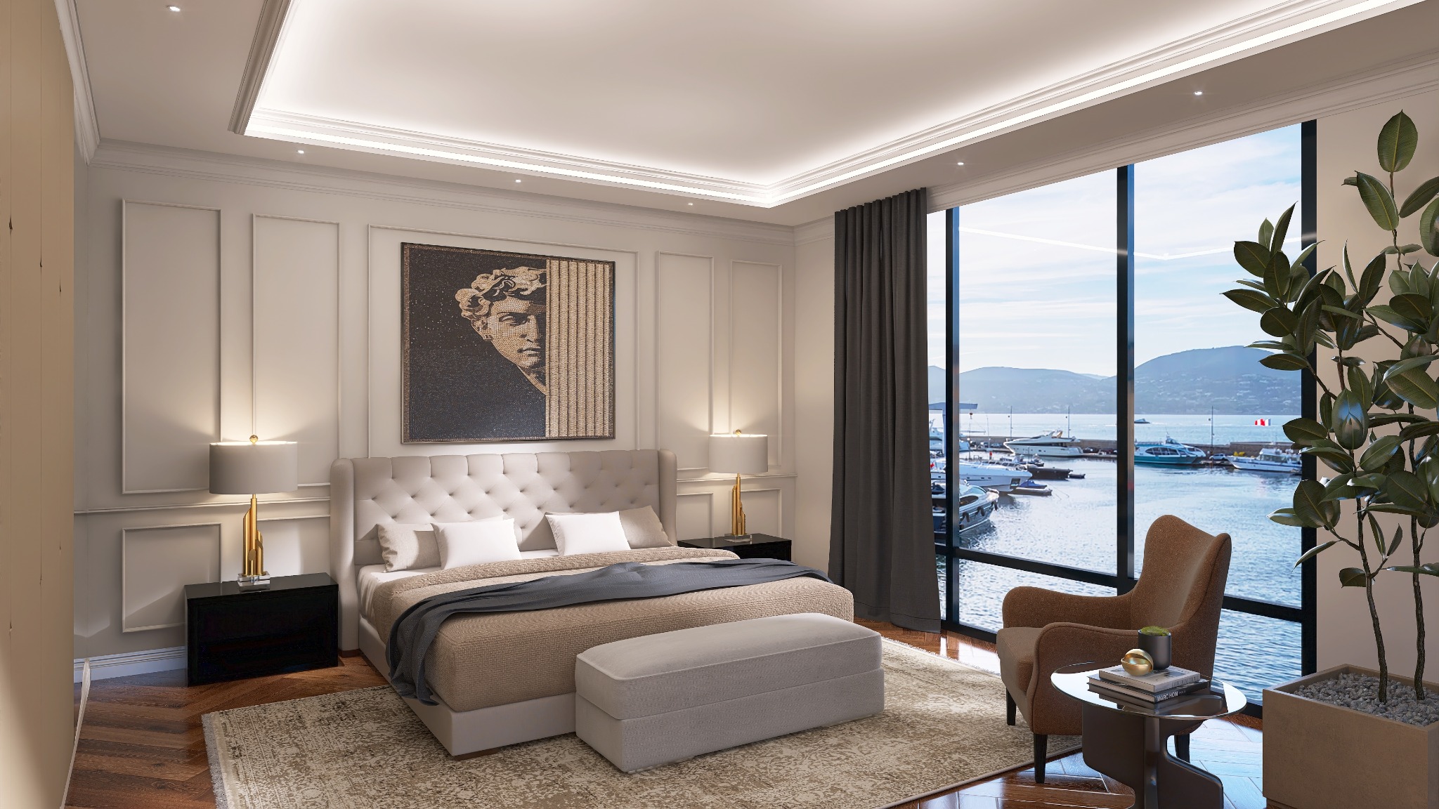 Elegancka sypialnia z dużym oknem na przystań jachtową, łóżko z pikowanym zagłówkiem, mozaika z profilem twarzy na ścianie, fotel klubowy przy oknie i roślina doniczkowa.