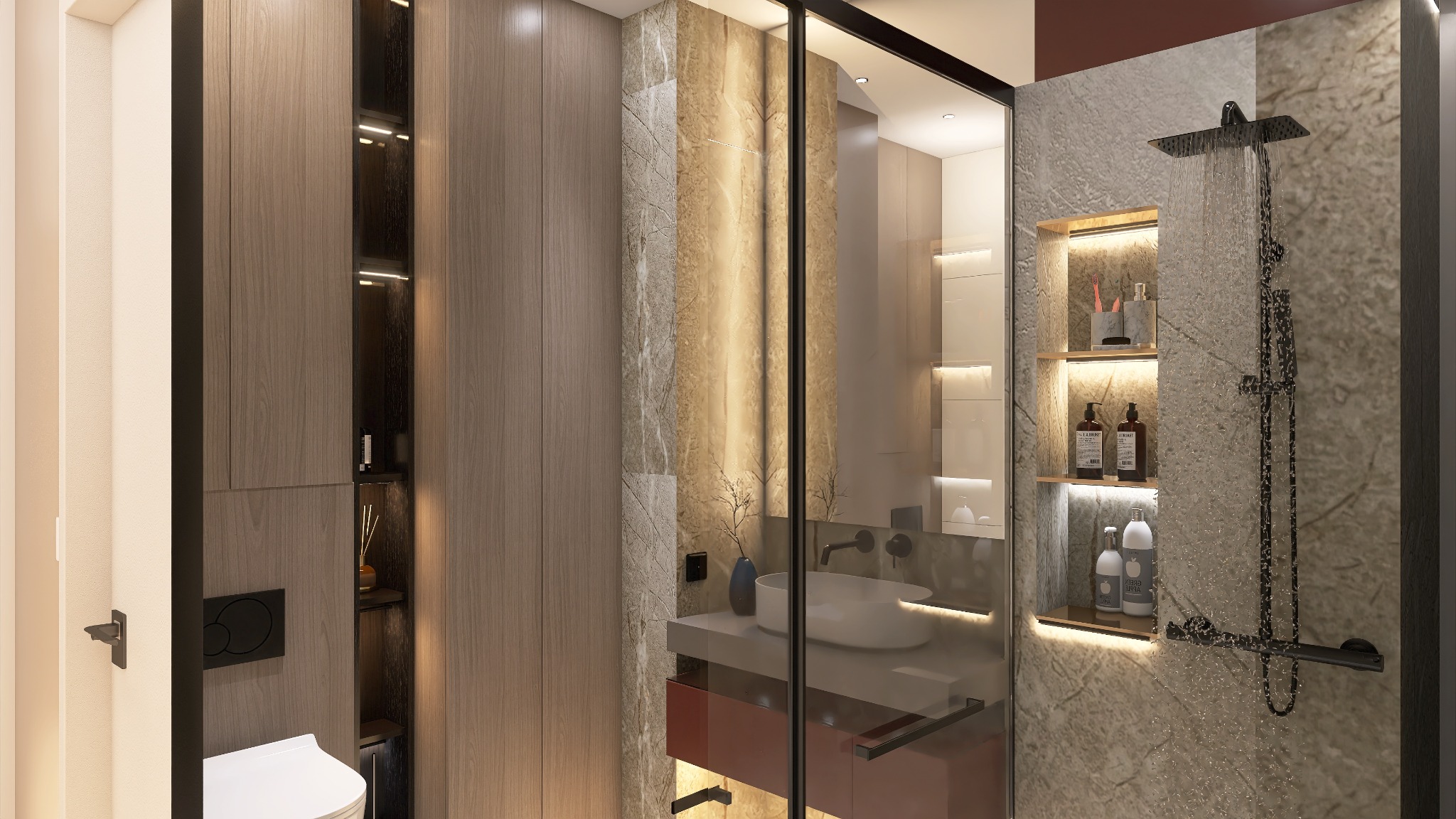 Nowoczesna łazienka z kabiną prysznicową typu walk-in, marmurowymi ścianami, podświetlanymi półkami w ścianie i umywalką nablatową na czerwonej szafce.