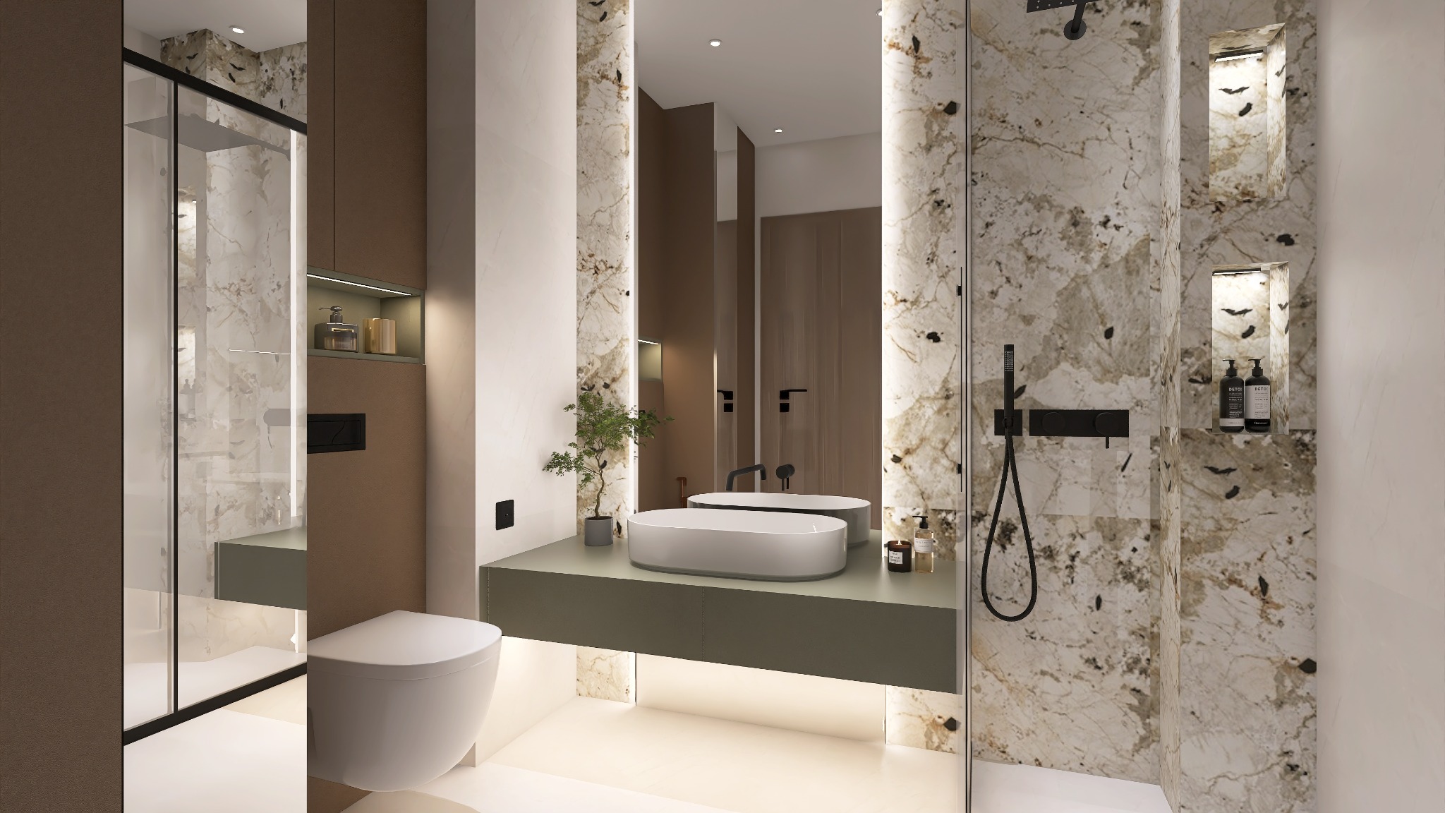 Nowoczesna łazienka z marmurowymi ścianami, owalną umywalką nablatową, podświetlaną szafką i kabiną prysznicową ze szklanymi drzwiami.