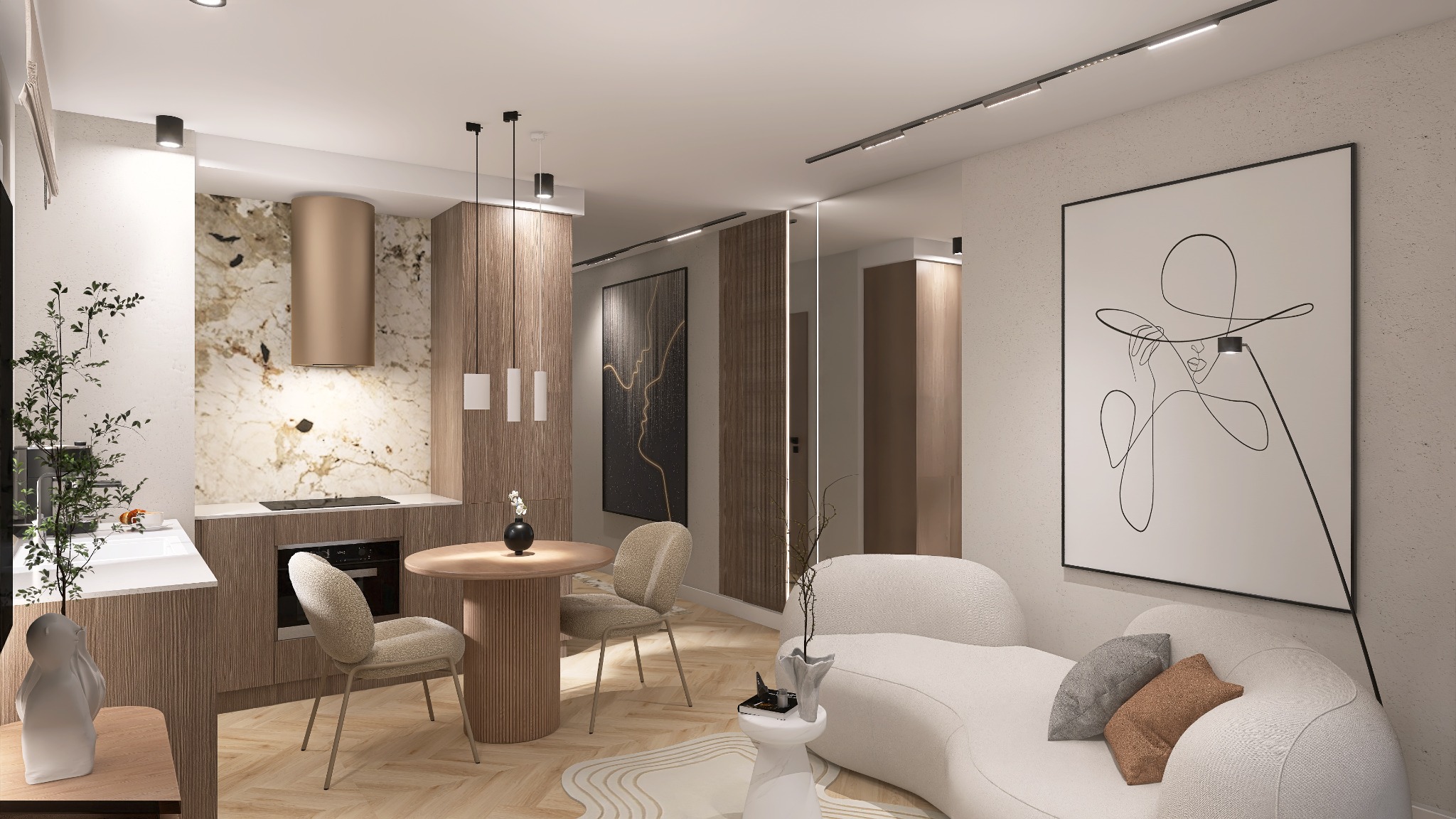 Wizualizacja nowoczesnego mieszkania z otwartą kuchnią, okrągłym stołem jadalnym i minimalistycznym salonem z sofą w kształcie litery S oraz abstrakcyjnym obrazem na ścianie.