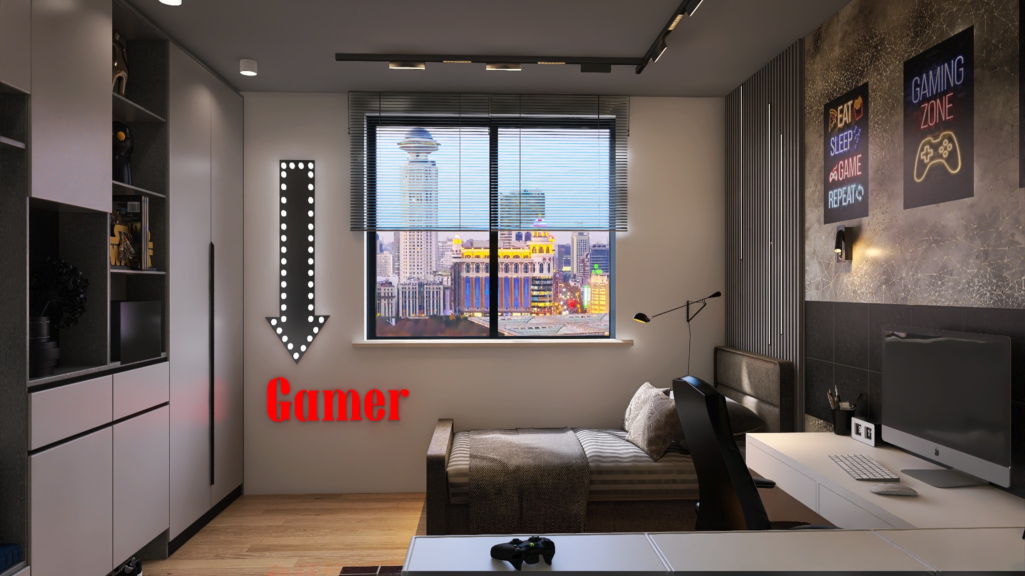 Pokój gracza z łóżkiem, biurkiem komputerowym i widokiem na miasto przez okno, oświetlony neonami i lampami.