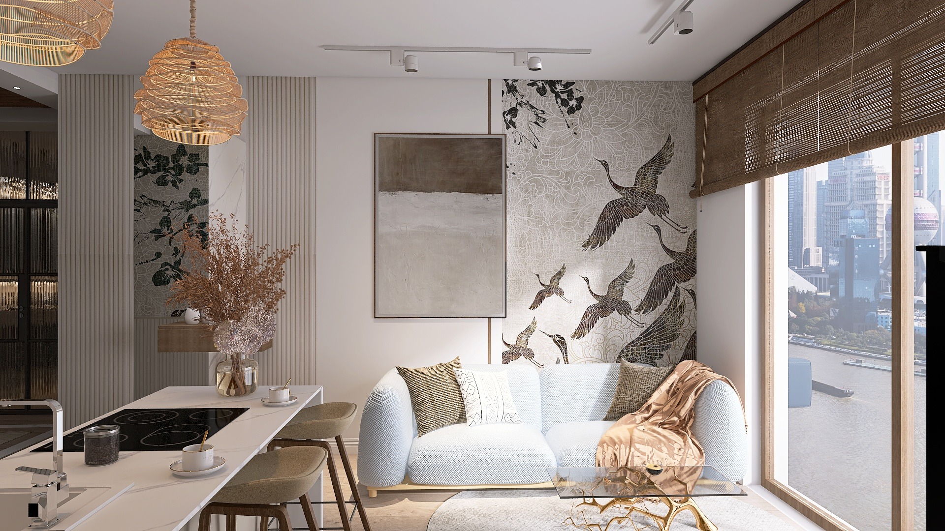 Nowoczesne wnętrze z otwartą kuchnią i salonem, z widokiem na miasto; beżowo-biała kolorystyka, dekoracyjna tapeta z motywem żurawi, lampy z naturalnego materiału i minimalistyczne meble.
