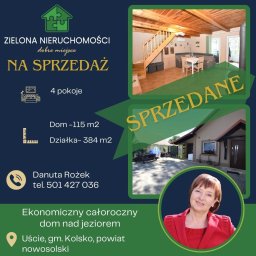 RODAN-MAX INVESTOR MAKSYMILIAN ROŻEK - Ogłoszenie nieruchomości: wizualizacja wnętrza z drewnianymi schodami i jadalnią, widok zewnętrzny domu z podwórkiem, dane kontaktowe agenta Danuty Rożek oraz informacje o powierzchni domu...