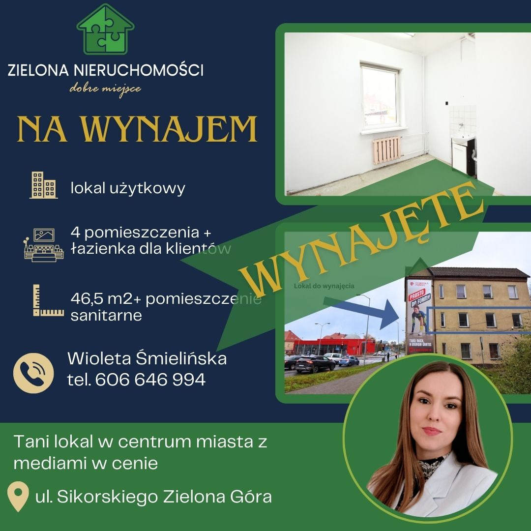 Ogłoszenie o wynajmie lokalu użytkowego w Zielonej Górze, z informacjami o powierzchni, liczbie pomieszczeń, kontakcie do agenta i zdjęciami wnętrza oraz budynku z zewnątrz, z dużym napisem...