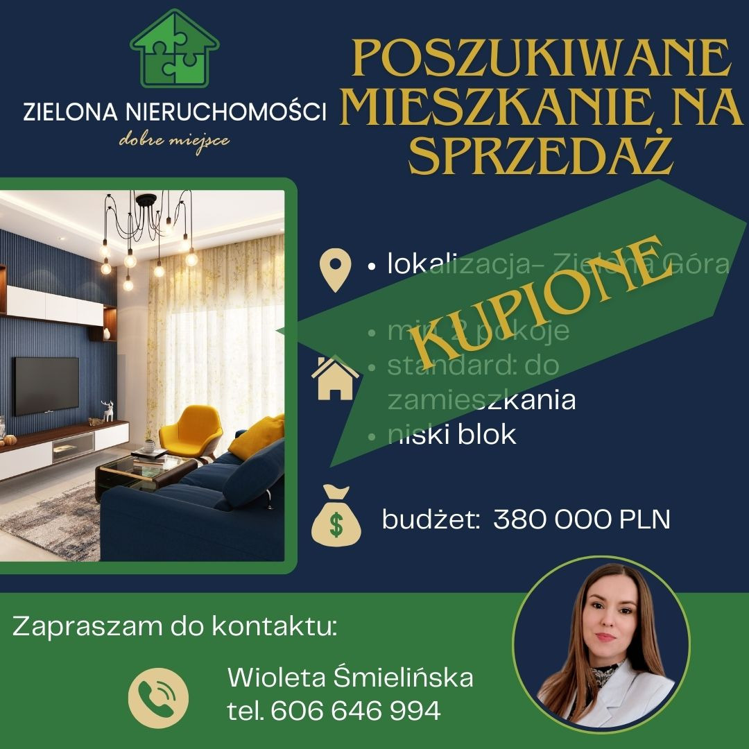 Ogłoszenie sprzedaży mieszkania: wizualizacja wnętrza salonu w stylu nowoczesnym, informacja o lokalizacji w Zielonej Górze, standardzie do zamieszkania, niskim bloku oraz budżecie 380 000 PLN...