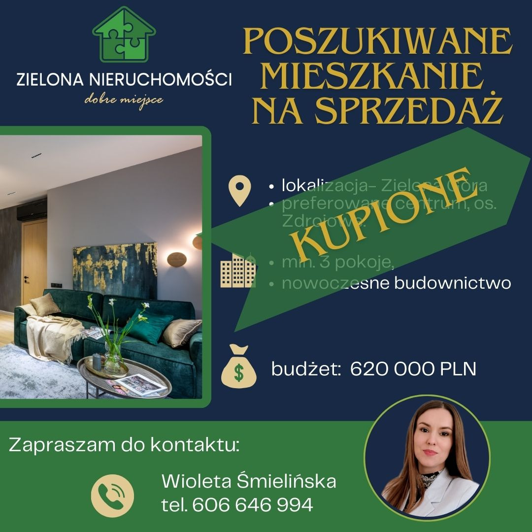 Ogłoszenie nieruchomości: aranżacja salonu z zieloną sofą, tekstem 'Poszukiwane mieszkanie na sprzedaż', informacjami o lokalizacji, liczbie pokoi, budżecie oraz danymi kontaktowymi agenta Wiolety...