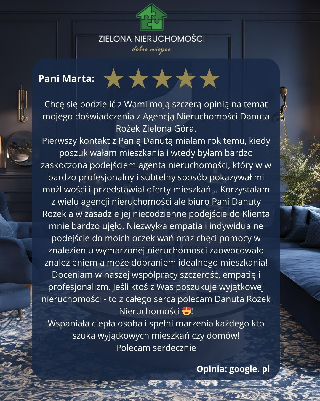 Grafika przedstawiająca rekomendację Pani Marty dla agencji nieruchomości Danuta Rożek Zielona Góra, z logo firmy Zielona Nieruchomości w górnej części i pięcioma gwiazdkami oceny.