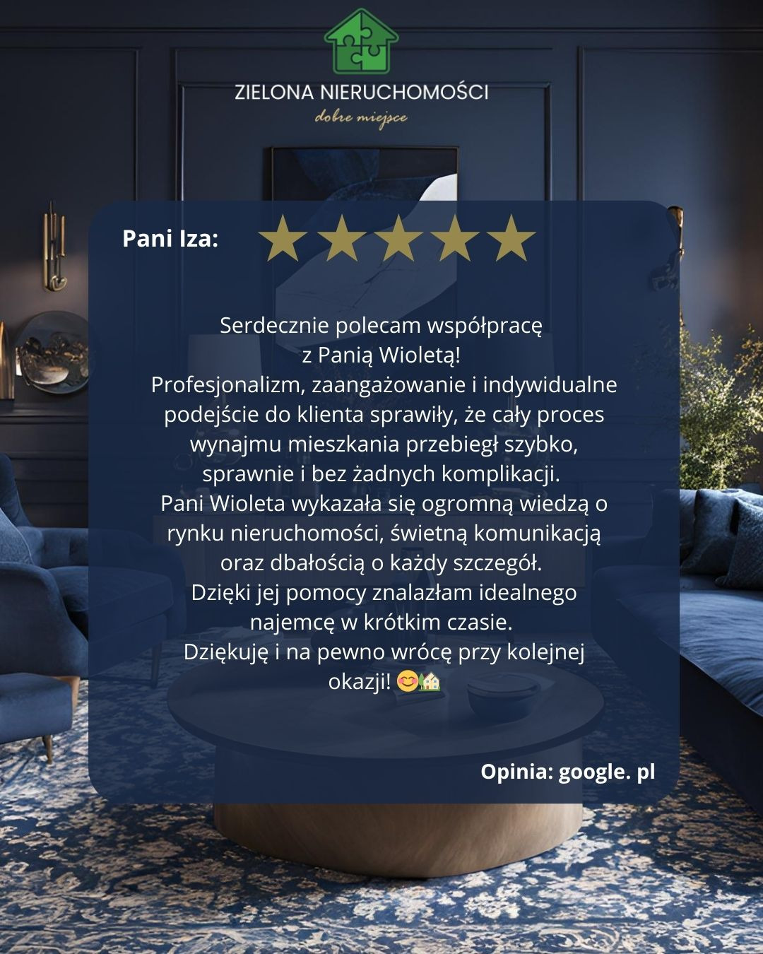Pozytywna opinia klientki Pani Izy dla agencji nieruchomości Zielona Nieruchomości, z oceną pięciu gwiazdek, podkreślająca profesjonalizm i sprawny proces wynajmu mieszkania dzięki Pani Wiolecie.