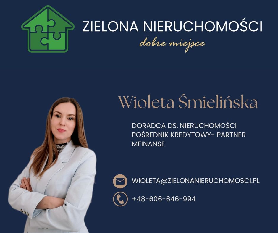 Zdjęcie wizytówki firmy ZIELONA NIERUCHOMOŚCI z wizerunkiem Doradcy ds. Nieruchomości, Wiolety Śmielińskiej, oraz danymi kontaktowymi: adresem e-mail i numerem telefonu.