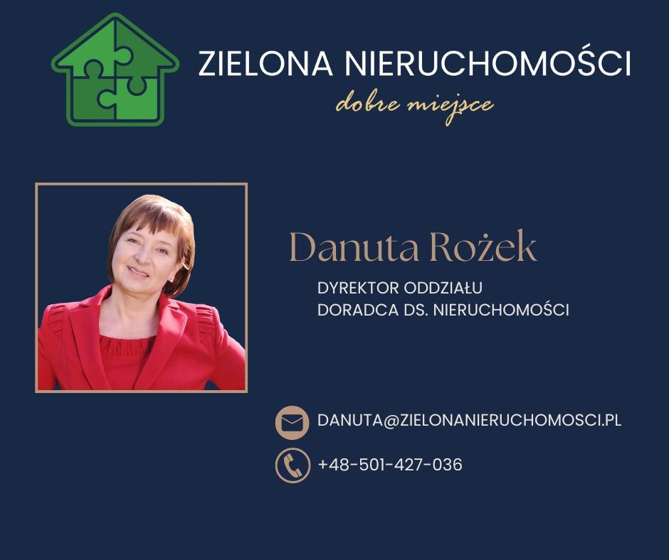 Wizytówka firmy ZIELONA NIERUCHOMOŚCI z logo przedstawiającym dom z puzzli, imieniem i nazwiskiem Danuta Rożek, dyrektor oddziału, doradca ds. nieruchomości, adresem e-mail i numerem telefonu.