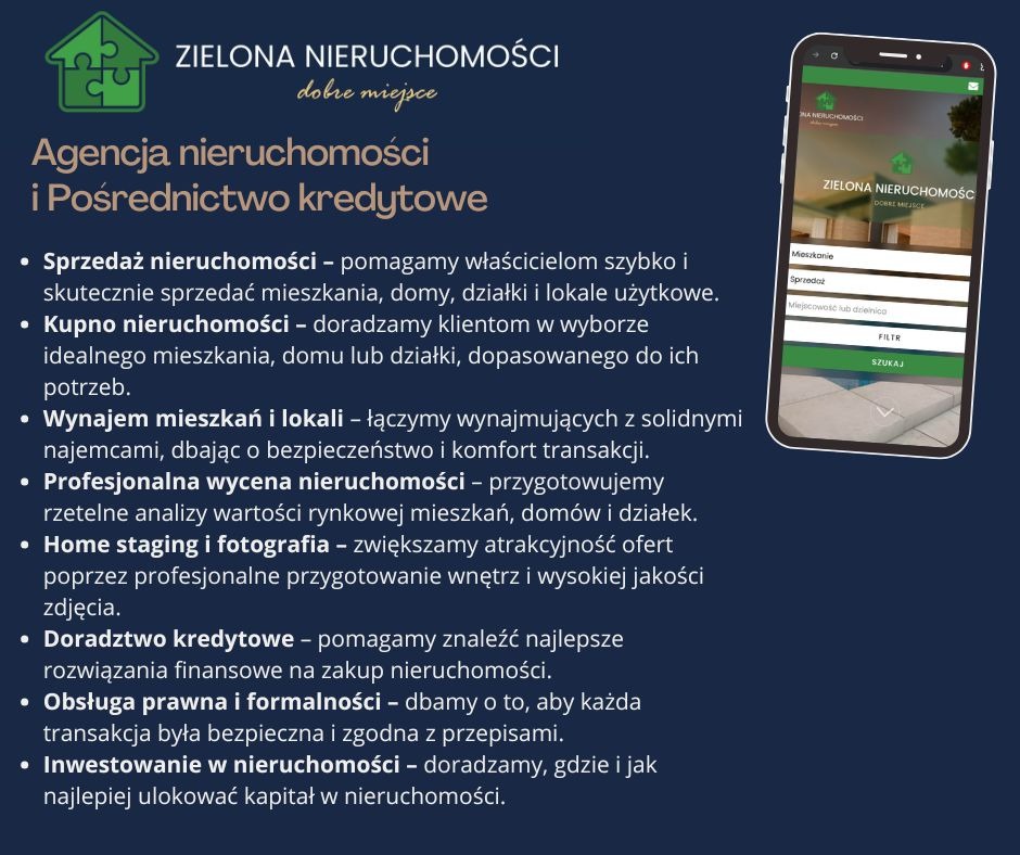 Reklama agencji nieruchomości z listą usług i smartfonem prezentującym interfejs wyszukiwarki nieruchomości.