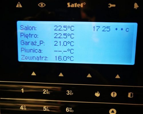Panel sterowania systemu alarmowego Satel z wyświetlanymi temperaturami w różnych strefach domu: salon, piętro, garaż, piwnica i na zewnątrz. Widoczny fragment klawiatury numerycznej i symboli...