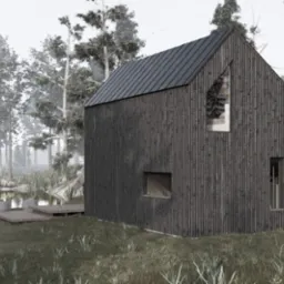 Czarna, minimalistyczna bryła domu z drewnianą elewacją i skośnym dachem, otoczona mglistym lasem i jeziorkiem, z drewnianym pomostem i nowoczesnym samochodem zaparkowanym obok.