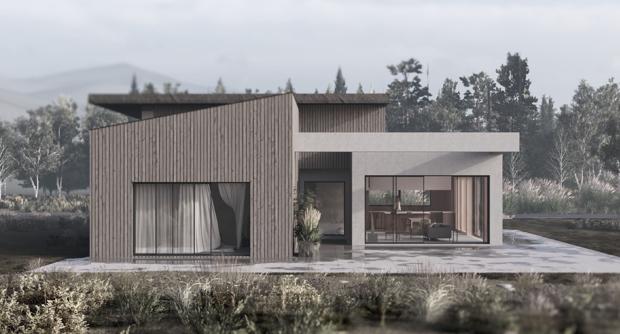 Wizualizacja nowoczesnego domu jednorodzinnego z drewnianą elewacją i dużymi oknami, otoczonego naturalnym krajobrazem z drzewami i trawami ozdobnymi.