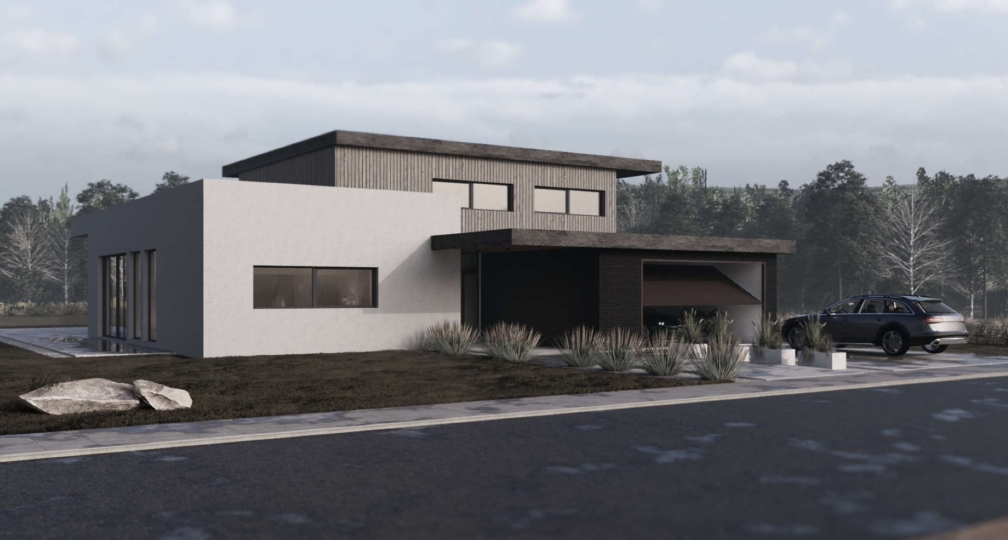 Nowoczesny dom jednorodzinny z płaskim dachem, garażem i samochodem typu kombi na podjeździe, wizualizacja.