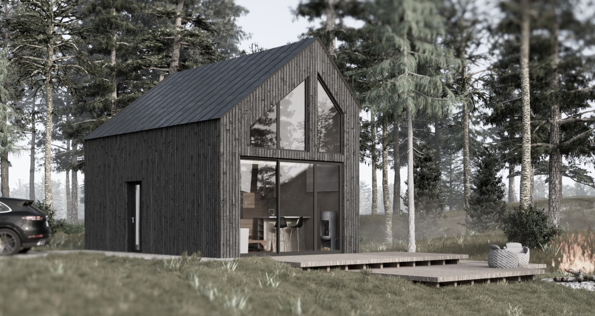 Czarny, nowoczesny dom z drewnianą elewacją i dużymi oknami, otoczony lasem, z widocznym samochodem i paleniskiem na zewnątrz