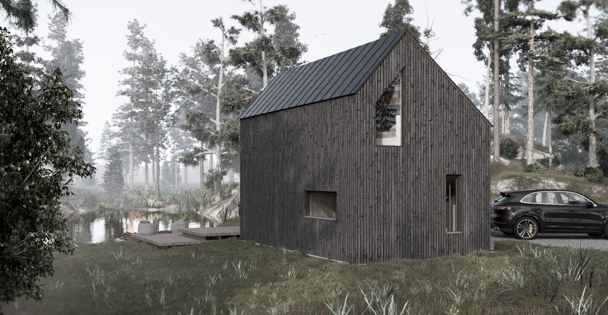 Czarna, minimalistyczna bryła domu z drewnianą elewacją i skośnym dachem, otoczona mglistym lasem i jeziorkiem, z drewnianym pomostem i nowoczesnym samochodem zaparkowanym obok.