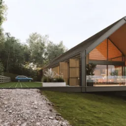 Nowoczesny dom jednorodzinny z przeszkleniami i drewnianą elewacją, usytuowany na wzgórzu, z widocznym podjazdem i samochodem osobowym w tle.